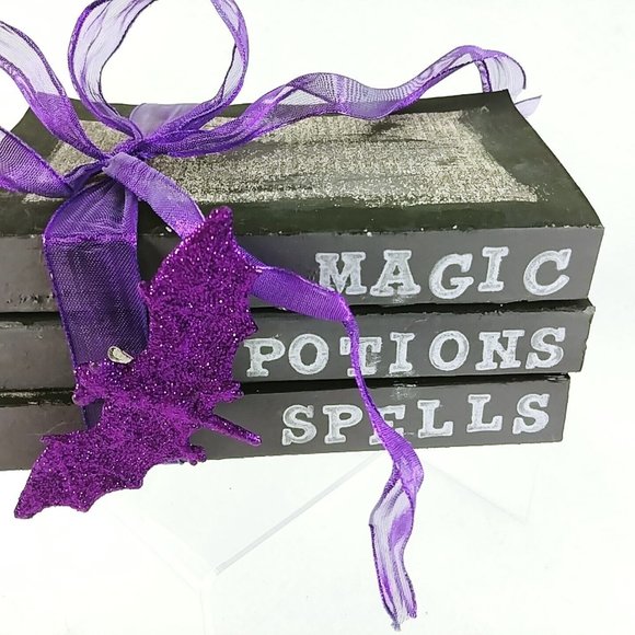 Halloween Decorative Tied Book Stack Magic Potions Spells Purple Bat and Ribbon - Picture 5 of 7